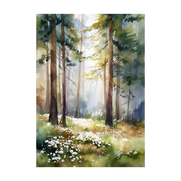Spring Pine Forest Watercolor Poster Wild Daisy Meadow Golden Light & Woodland Wildflowers Path Nature Wall Art For Home , Poster Print Only