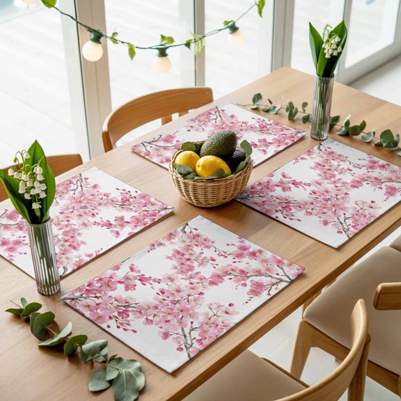 Spring Pink Blossom Peach Placemats Set of 4,Wipeable Washable Table Mats for Dining Tables, Watercolor Flower Tree Branch Place Mats for Kitchen Event Party Tabletop Decor