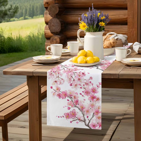 Spring Pink Blossom Peach Table Runner 13x36in Non-Slip Cotton Linen Table Runners, Watercolor Flower Tree Branch Dresser Scarves TableRunner for Dinner Kitchen Dining Wedding Party