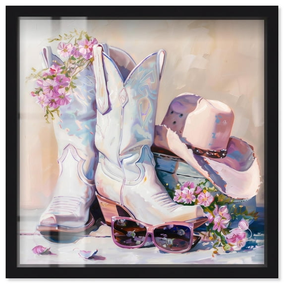 Spring Pink Cowboy Necessities Shadowbox Print Trendy Cowboy Decor by Art Remedy, Black Frame, 24 x 24