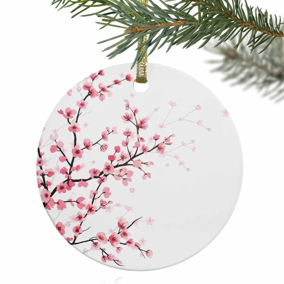 Spring Pink Floral Cherry Blossoms Christmas Ceramic Ornament 2025,3" Round Xmas Tree Hanging Accessories with Gold Ribbon