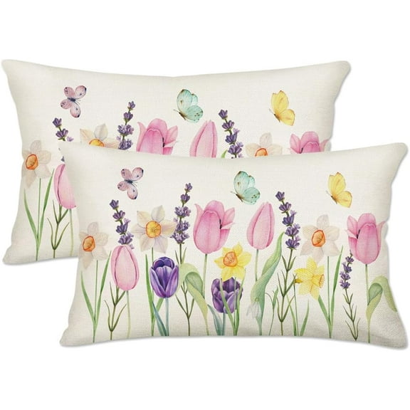Spring Pink Floral Pillow Covers 12x20 Set of 2, Watercolor Flowers Lavender Daffodil Tulip Butterfly Decor Throw Pillows Seasonal Outdoor Farmhouse Cushion Case for Home Sofa Couch