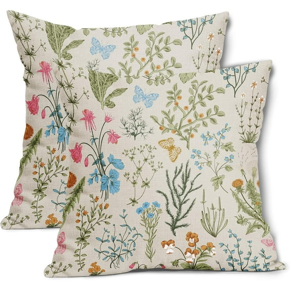 Spring Pink Floral Pillow Covers 16x16 Inch Sage Green Wild Flower Plant Butterfly Decorative Pillow Cases Vintage Seasonal Cushion Covers Farmhouse Home Decor for Porch Couch Outdoor Set of 2