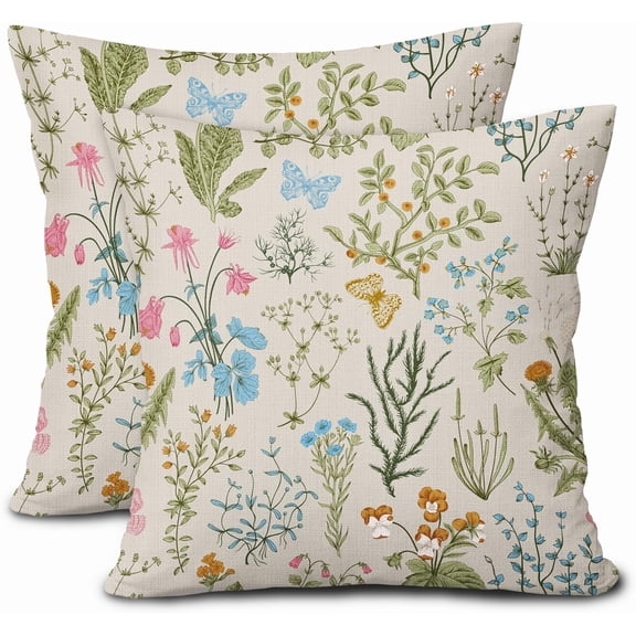 Spring Pink Floral Pillow Covers 18x18 Inch Sage Green Wild Flower Plant Butterfly Decorative Pillow Cases Vintage Seasonal Cushion Covers Farmhouse Home Decor for Porch Couch Outdoor Set of 2