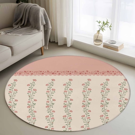 Spring Pink Floral Round Area Rug 4ft, Vintage Farmhouse Flowers Art Washable Non-Slip Circle Rugs for Bedroom Living Room Kitchen, Soft Non Shedding Circle Carpet for Dining Room Dorm