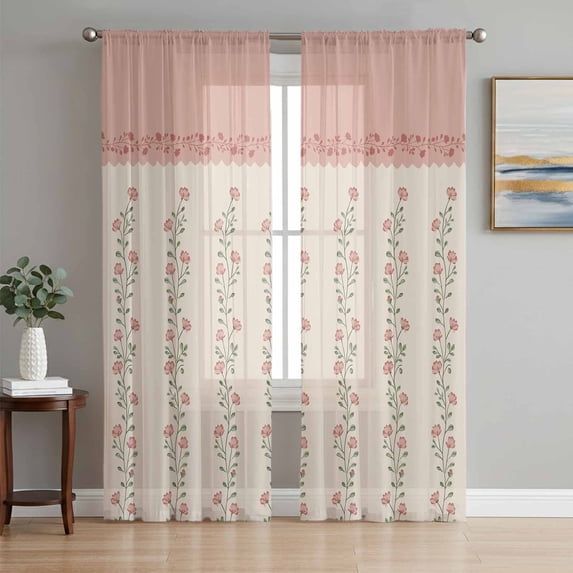 Spring Pink Floral Sheer Curtains 63 Inch Length 2 Panels Set Window Treatments, Vintage Farmhouse Flowers Art Rod Pocket Semi Curtains for Living Room/Bedroom/Kitchen Décor, 104"W x 63"L