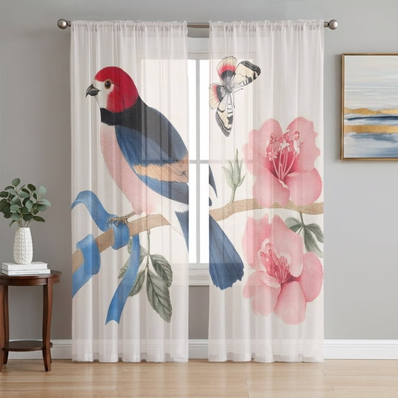 Spring Pink Floral Sheer Curtains 96 Inch Length 2 Panels Set, Butterfly Birds on Branch Funny Rustic Voile Window Treatment Semi Sheer Long Curtains Drapes for Bedroom/Living Room/Kitchen 52"x96"x2