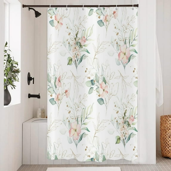 Spring Pink Floral Small Stall Shower Curtain, Weighted Bottom Sage Green Eucalyptus Leaf Watercolor Botanical Plants with Gold Branches Fabric Bathroom Curtain,36"X72"