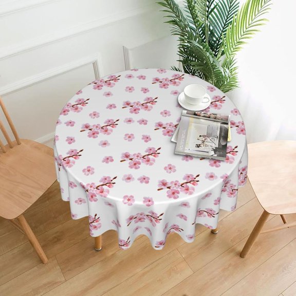 Spring Pink Floral Tablecloth Round 60 Inch Japanese Cherry Table Cloth, Vintage Pink Flower Decorative Outdoor Table Cover for Dining Room Kitchen Holiday Party Picnic Home Decor