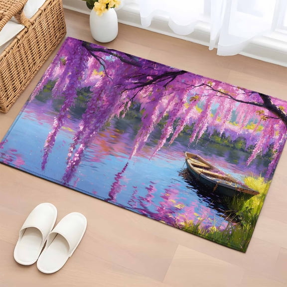 Spring Pink Flower 2'x3' Rug for Entryway Front Door Kitchen Sink Area, Boat Oil Painting Lake Green Grass Low Pile Non Slip Rectangle Area Rug, Machine Washable Indoor Outdoor Mat