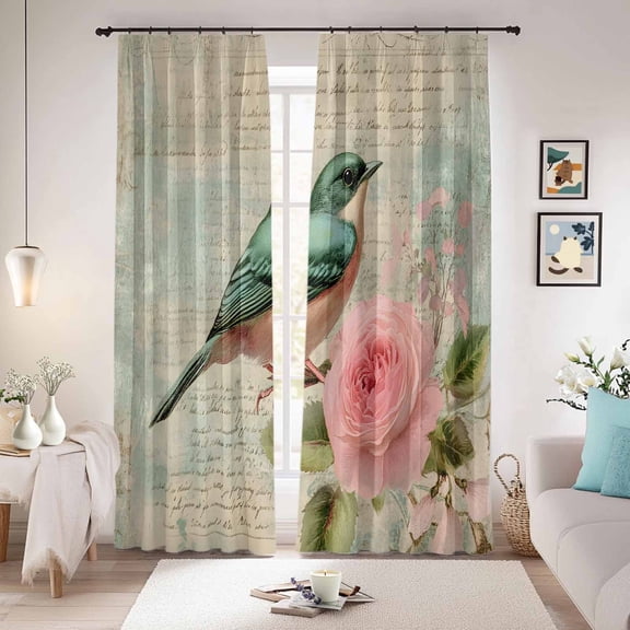 Spring Pink Flower Blackout Curtains for Bedroom/Living Room, Pinch Pleated Black Out Curtains, Green Bird Country Retro Mottled Room Darkening Window Drapes with Hooks 2 Panels, 59"x70"