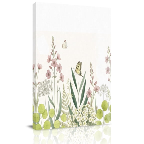 Spring Pink Flower Canvas Wall Art for Living Room, White Floral Butterfly Green Grass Plant Poster Print Painting for Bedroom Office Home Decoration Wall Pictures Prepare To Hang 8"x10"