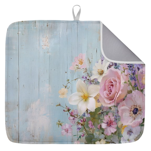 Spring Pink Flower Dish Drying Mat for Kitchen Counter,Lavender Botanical Blue Wood Board Dish Mat Drying Kitchen Mat for Sink Fridge Drawer Dishes Drainer Mats Microfiber Drying Pad 1pcs 16"x18"