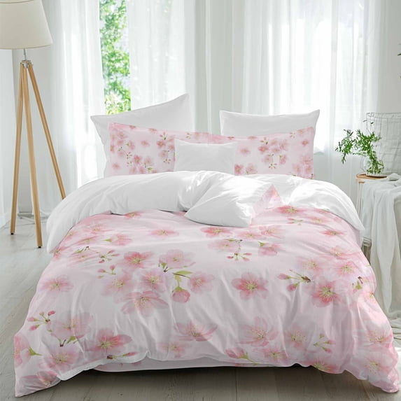 Spring Pink Flower Full Size Comforter Set, Cherry Blossom Floral Plant Gradient Bedding for All Seasons, 4 Pcs Bed Set, 1Quiltcover (86"x86") ,1Sheet(80"x116"), 2Pillowcases (30"x20")