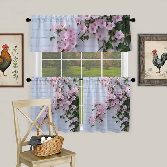 Spring Pink Flower Green Leaf Curtain Tier and Valance Set 3 Piece, Blossom Floral White Brick Wall 3-inch Rod Pocket Window Tier Curtains Valance for Kitchen Living Room