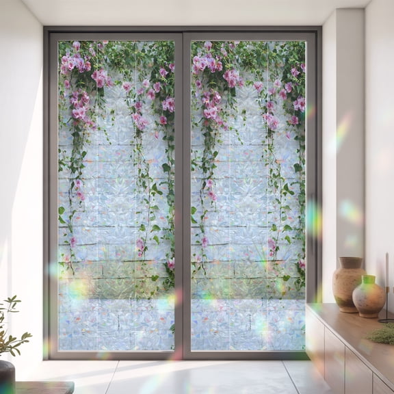Spring Pink Flower Green Leaf Window Privacy Film,Decorative Windows Static Cling White Brick Wall Pastoral Floral Heat Control Removable Glass Sticker for Home Bathroom Bedroom Window Door,35x79in
