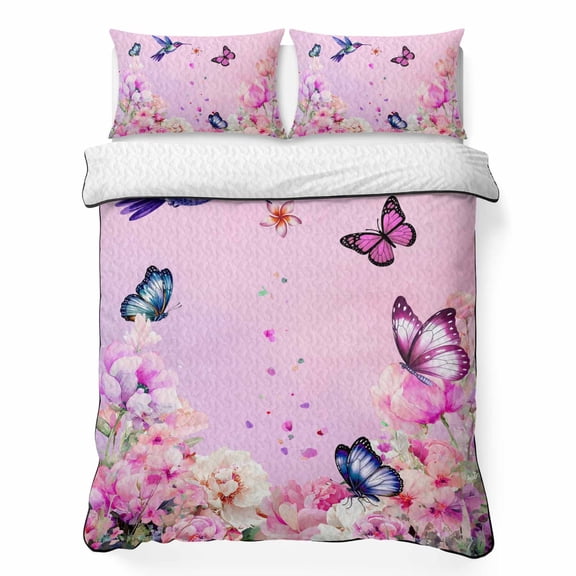 Spring Pink Flower Hummingbird 3 Piece Quilt Bedding Set with 2 Pillow Shams, Watercolor Floral Bird Butterfly Lightweight Bedspread Coverlet, Soft Breathable All Season Quilt, 79 x 90 Inch