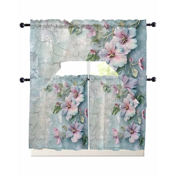 Spring Pink Flower Kitchen Curtains Swag Valance and Tier Curtains Set 24 Inch Length, Branch Blue Vintage Mottled Wall Rod Pocket Drape Panels Pair Swag Curtain for Bathroom/Cafe/Window