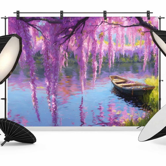 Spring Pink Flower Photography Backdrop 10x8FT, Boat Oil Painting Lake Green Grass Photo Backdrops, Background for Photography Studio Photo Studio Background, Back Drop for Photoshoot