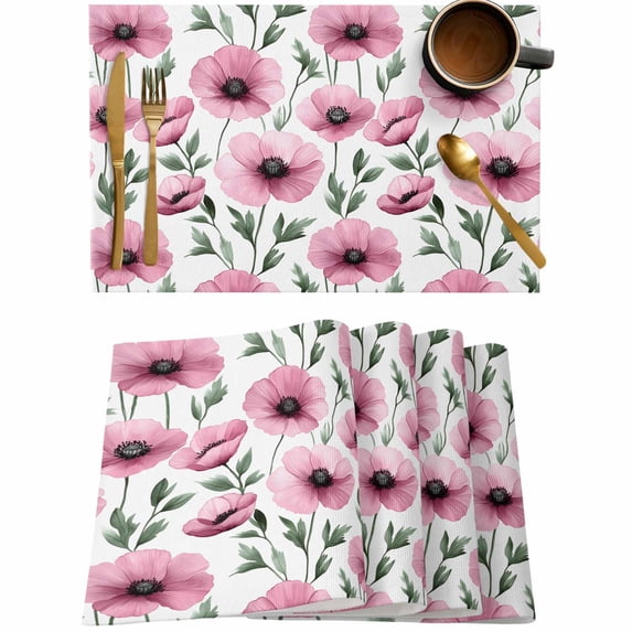 Spring Pink Flower Poppy Placemats Set of 4,Wipeable Washable Table Mats for Dining Tables,Blossom Floral Seamless Place Mats for Kitchen Event Party Tabletop Decor