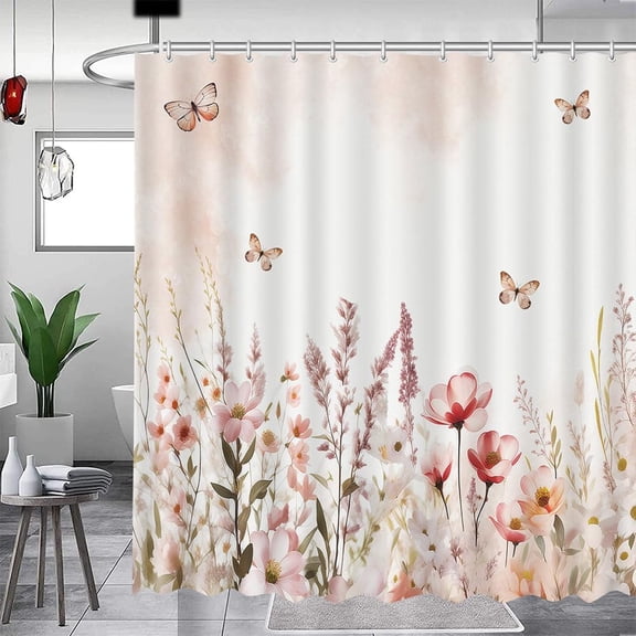 Spring Pink Flower Shower Curtain Watercolor Floral Plant Decoration Shower Curtains Rustic Nature Wildflower Blossom Shower Curtain for Bathroom Waterproof Fabric with 12 Hooks 60x72 Inches