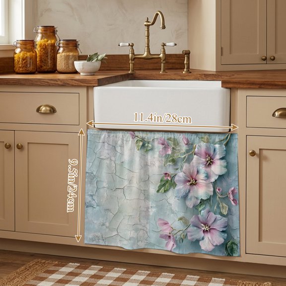 Spring Pink Flower Small Cabinet Curtains 10"W x 11"L, Branch Blue Vintage Mottled Wall Sink Skirt Dust-Proof Short Curtain for Bathroom Vanity Storage Cubby Desk, Self Adhesive Privacy Drapes