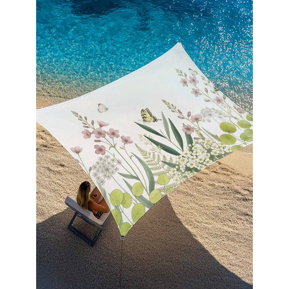 Spring Pink Flower Sun Shade Sail 6.5' x 10', White Floral Butterfly Green Grass Plant Rectangle Outdoor Sunshade Canopy, Waterproof UV Block Patio Covers for Garden Yard Beach