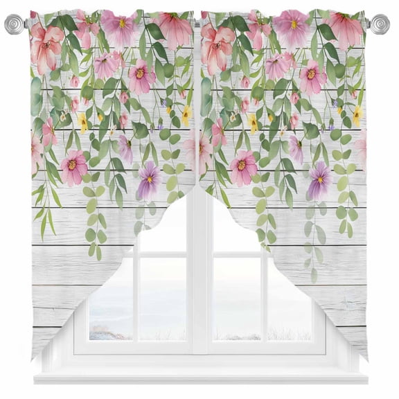 Spring Pink Flower Swag Kitchen Curtain Valances, Eucalyptus Leaf Wildflower Wood Grain Rod Pocket Curtains Window Treatment Decor Valances for Bedroom Bathroom, 2 Panels 28 x 36 Inch