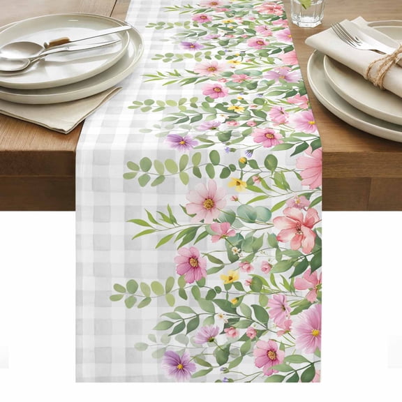 Spring Pink Flower Table Runner Eucalyptus Leaf Wildflower Gray Plaid Table Runners Dresser Scarves Holiday Kitchen Dining Table Decoration for Home Party Indoor 13x120 Inch