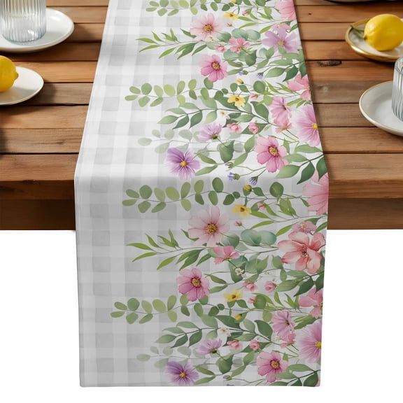 Spring Pink Flower Table Runner, Eucalyptus Leaf Wildflower Gray Plaid Washable Kitchen Table Runners Dress Scarves for Dining Table Decorations Party, 13x108in