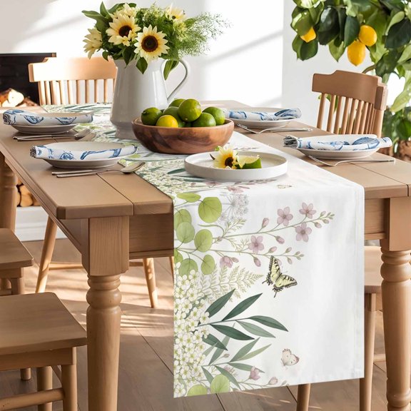 Spring Pink Flower Table Runner, White Floral Butterfly Green Grass Plant Washable Kitchen Table Runners Dress Scarves for Dining Table Decorations Party/Restaurant/Indoor Outdoor Use, 13x72in