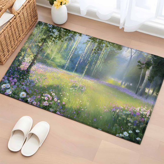 Spring Pink Flowers 2'x3' Rug for Entryway Front Door Kitchen Sink Area, Green Grass Tree Fantasy Oil Paintings Low Pile Non Slip Rectangle Area Rug, Machine Washable Indoor Outdoor Mat