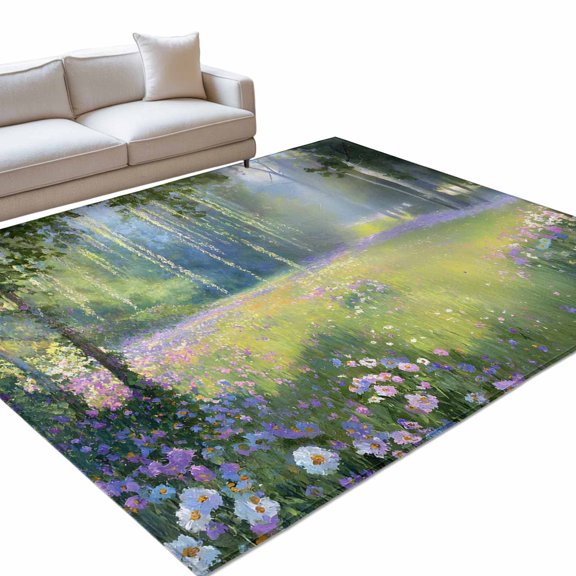 Spring Pink Flowers 6x9ft Non Slip Area Rug Green Grass Tree Fantasy Oil Paintings Washable Soft Area Rugs for Living Room, Indoor Circle Carpet for Bedroom Dining Room Kitchen