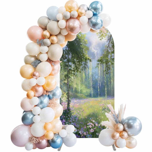 Spring Pink Flowers Arch Backdrop Cover 6 FT Green Grass Tree Fantasy Oil Paintings Stretchy Elastic Arch Stand Covers Spandex Arched Background Birthday Wedding Party Decoration (No Stand)