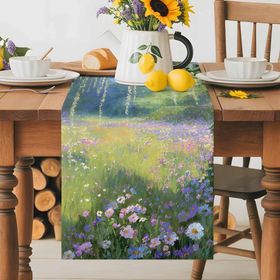 Spring Pink Flowers Dining Table Runner, Green Grass Tree Fantasy Oil Paintings Washable Table Runners Kitchen Coffee Table Center Decor for Home Party Holiday Wedding 13 x 36 Inches