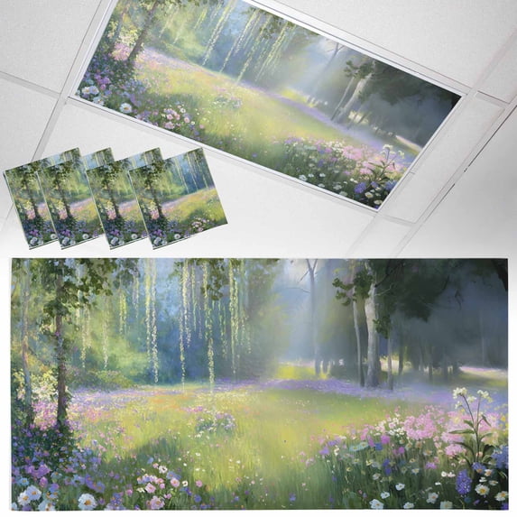 Spring Pink Flowers Fluorescent Light Covers Green Grass Tree Fantasy Oil Paintings Magnetic Light Filters Ceiling Lighting Panel Shade for Classroom Office Home 2 x 4 ft, 4 Pack
