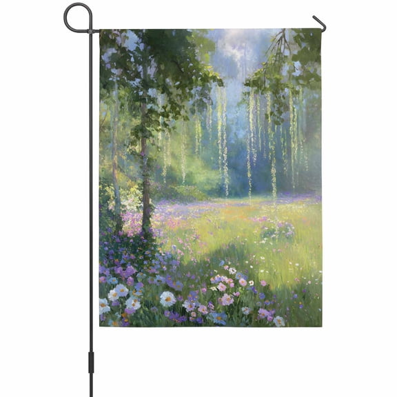 Spring Pink Flowers Garden Flag 12 x 18 Inches, Green Grass Tree Fantasy Oil Paintings Weather Proof Outdoor Patio Flags Double Sided Small Garden Decoration for Yard Outside Home