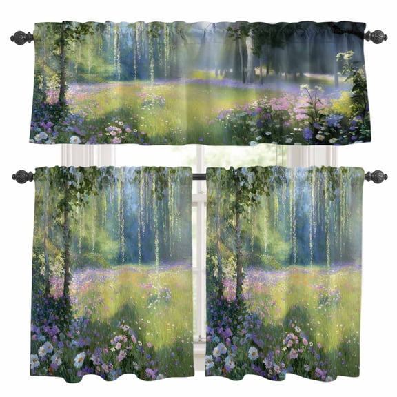 Spring Pink Flowers Kitchen Curtains Set for Windows, Green Grass Tree Fantasy Oil Paintings Curtains Valance and Tier 3 Piece Set Small Drapes 36 Inch Length for Kitchen Bedroom Decor