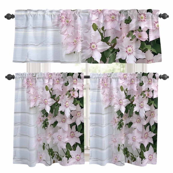 Spring Pink Flowers Kitchen Curtains Set for Windows, Retro Pastoral Wall Curtains Valance and Tier 3 Piece Set Small Drapes 24 Inch Length for Kitchen Bedroom Decor