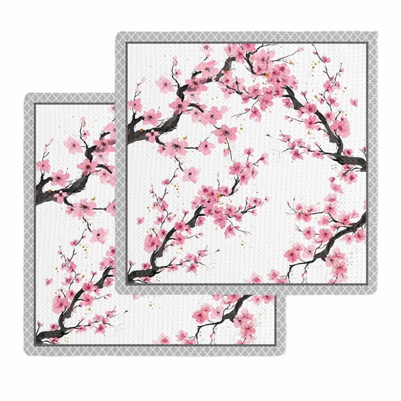 Spring Pink Flowers Kitchen Dish Towels for Drying Dishes Set of 2, Botanical Peach Blossoms Floral Waffle Weave Microfiber Hand Tea Bathroom Towels Quick Dry & Absorbent Towel 12x12