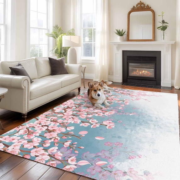 Spring Pink Flowers Large Area Rugs 8x10 ft Watercolor Cherry Floral Washable Rug Non Slip Indoor Carpet Absorbent Floor Mat for Living Room Bedroom Dining Room