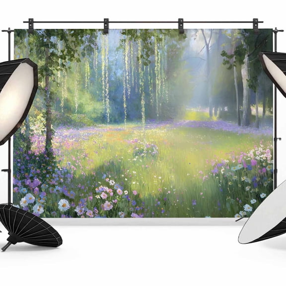 Spring Pink Flowers Photography Backdrop 10x8FT, Green Grass Tree Fantasy Oil Paintings Photo Backdrops, Background for Photography Studio Photo Studio Background, Back Drop for Photoshoot