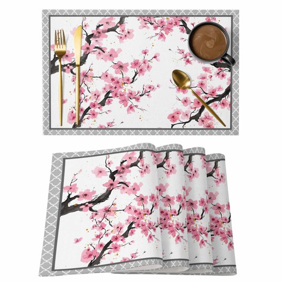 Spring Pink Flowers Placemats Set of 4 Botanical Peach Blossoms Floral Place Mats Indoor Wipeable Table Mats Washable Cloth Dining Table Placemats for Kitchen Holiday Party Home Decor 13x19 Inch
