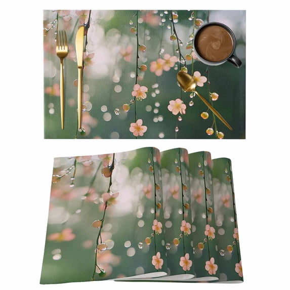 Spring Pink Flowers Placemats Set of 6, Water Droplets Non-Slip Place Mats Washable Table Mats for Kitchen Dining Table Decorations Indoor/Outdoor