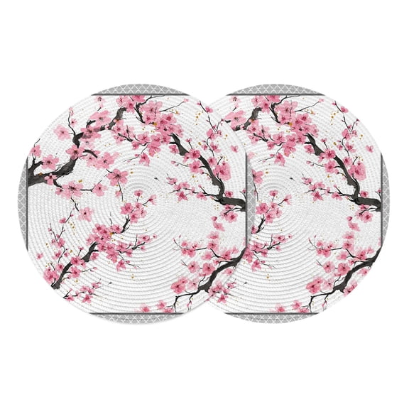 Spring Pink Flowers Round Placemats Set of 2 Botanical Peach Blossoms Floral Place Mats Indoor Woven Table Mats Washable Heat-Resistance Braided Dining Table Placemats for Kitchen Party Decor 13 Inch