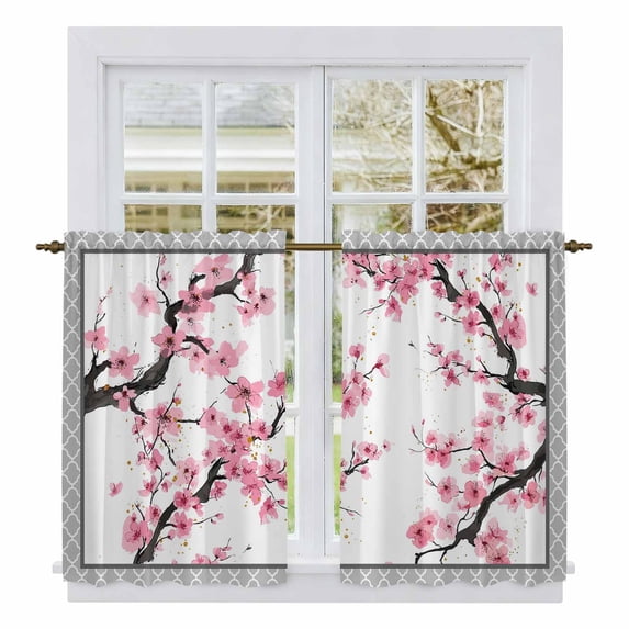 Spring Pink Flowers Tier Curtains 54 Inch Length, Botanical Peach Blossoms Floral Cafe Short Curtains for Bathroom Over Sink, Small Kitchen Curtain Light Filtering Tiered Drapes 2 Panels 27.5"Wx54"L
