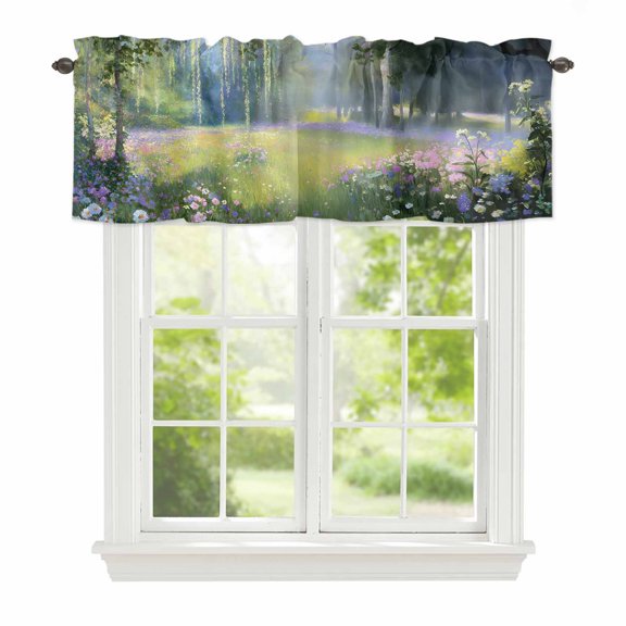 Spring Pink Flowers Window Valance for Kitchen, Green Grass Tree Fantasy Oil Paintings Rod Pocket Short Curtain for Small Windows, Light Filtering Decorative Valance, 42 x 18 Inch