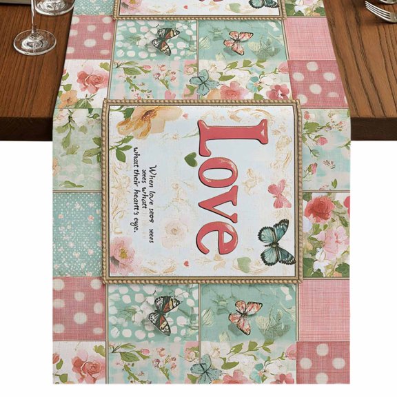 Spring Pink Green Check 48 Inch Table Runner, Vintage Floral Checkered Love Farmhouse Dresser Scarf Cotton & Linen Tablerunner for Dining/Kitchen Island/Holiday Party Décor 13" x 48"