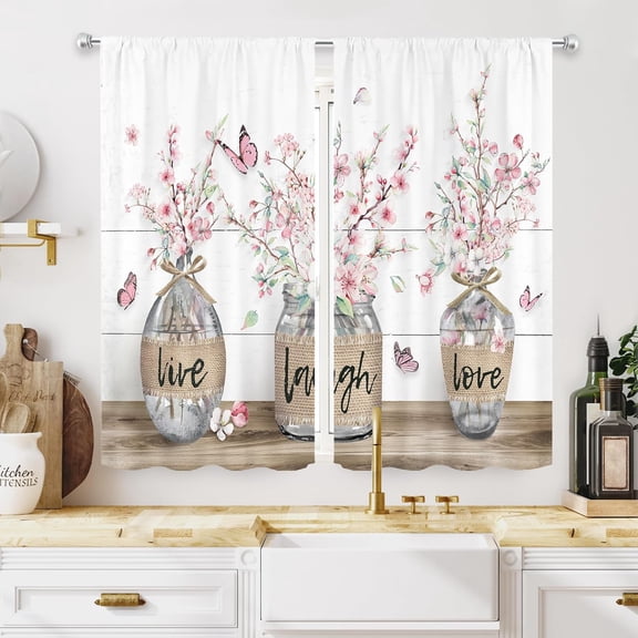 Spring Pink Kitchen Curtains 27.5Wx39H Inch Rod Pocket Rustic Sakura Floral Farmhouse Cherry Blossom Plant Country Flower Butterfly Printed Living Room Bedroom Window Drapes Fabric 2 Panels