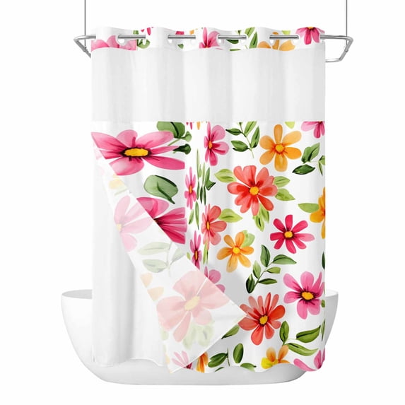 Spring Pink Orange Red Floral No Hooks Shower Curtain with Snap-in Liner Watercolor Flower Vintage Shower Curtains for Bathroom, Waterproof, Easy Install, Washable 72"x84"